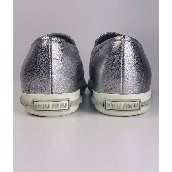 Miu Miu Silver Leather Pointed Toe Slip On Sneakers Loafers Sz 5.5 Prada - Picture 4 of 10